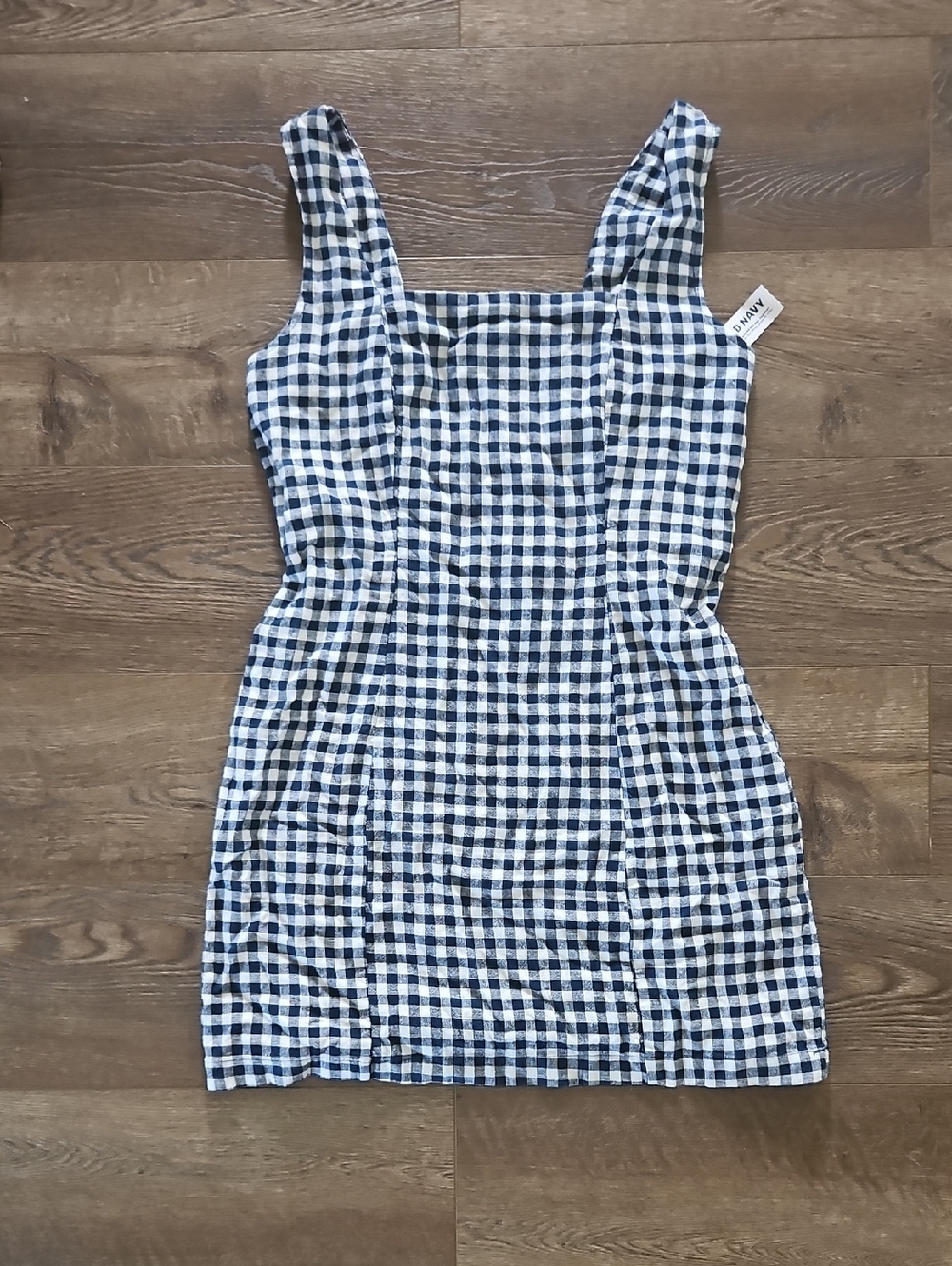Old Navy Square Neck Linen Blend Blue and White Gingham Mini Dress NWT Size M - Picture 9 of 9